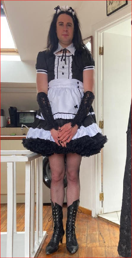 Cross-dressing sissy maid Mickael in French maid uniform
