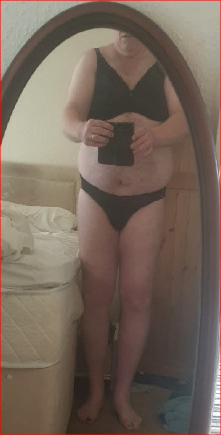 Married sissy Helen exposed in his wife's black bra and knickers