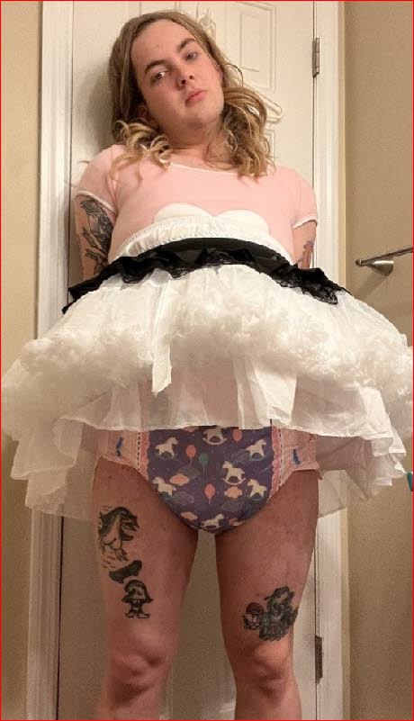 Pathetic sissy loser Bella exposed in frilly frock and diapers