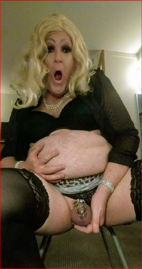 Hull sissy Amanda shows off his little caged clitty